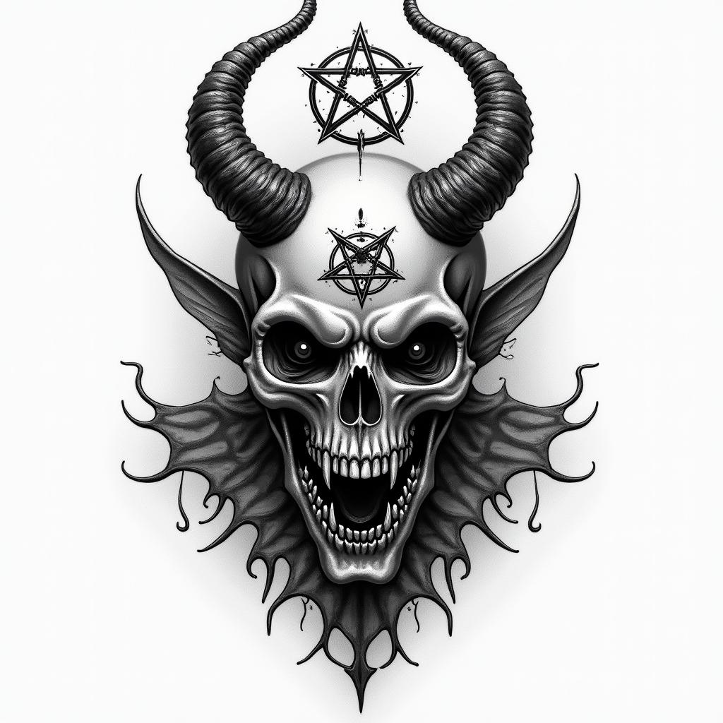 Santa Muertecreepy horror tattoo style, featuring an eerie and unsettling skull of a demonic creature, distorted face with sharp fangs, add pentagram symbol - Variation 4