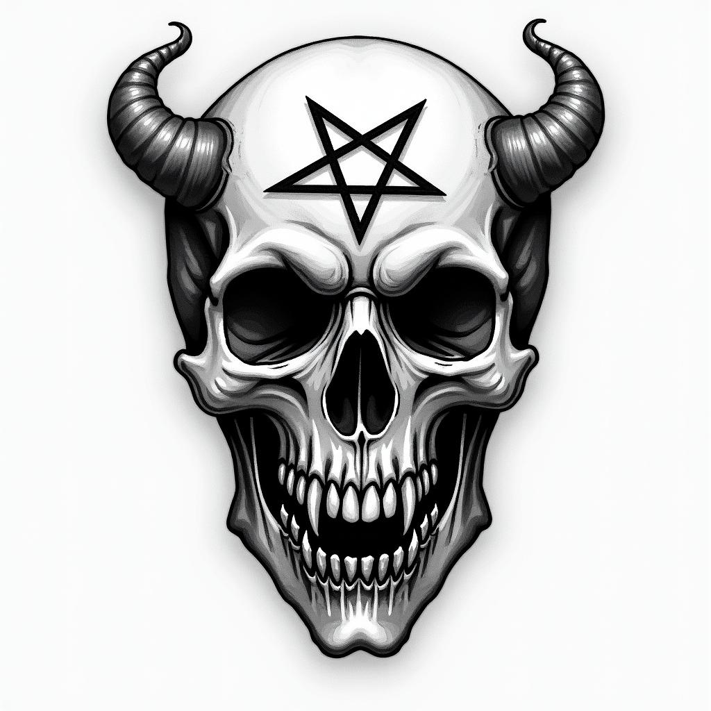 Santa Muertecreepy horror tattoo style, featuring an eerie and unsettling skull of a demonic creature, distorted face with sharp fangs, add pentagram symbol - Variation 2
