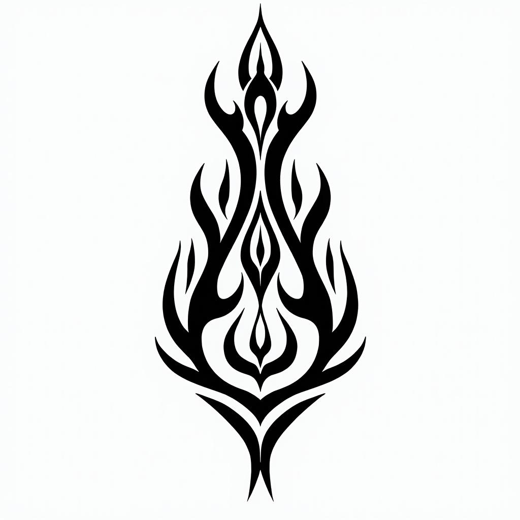 Flame outline backgroundin tribal tattoo style, featuring bold and black geometric shapes, curved lines, intertwine and flow seamlessly, creating a powerful and symbolic design, polynesian and maori styles