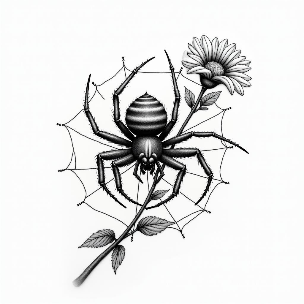 Small spider on web with flowers with stemin portrait tattoo style, featuring a highly realistic and detailed depiction  - Variation 104