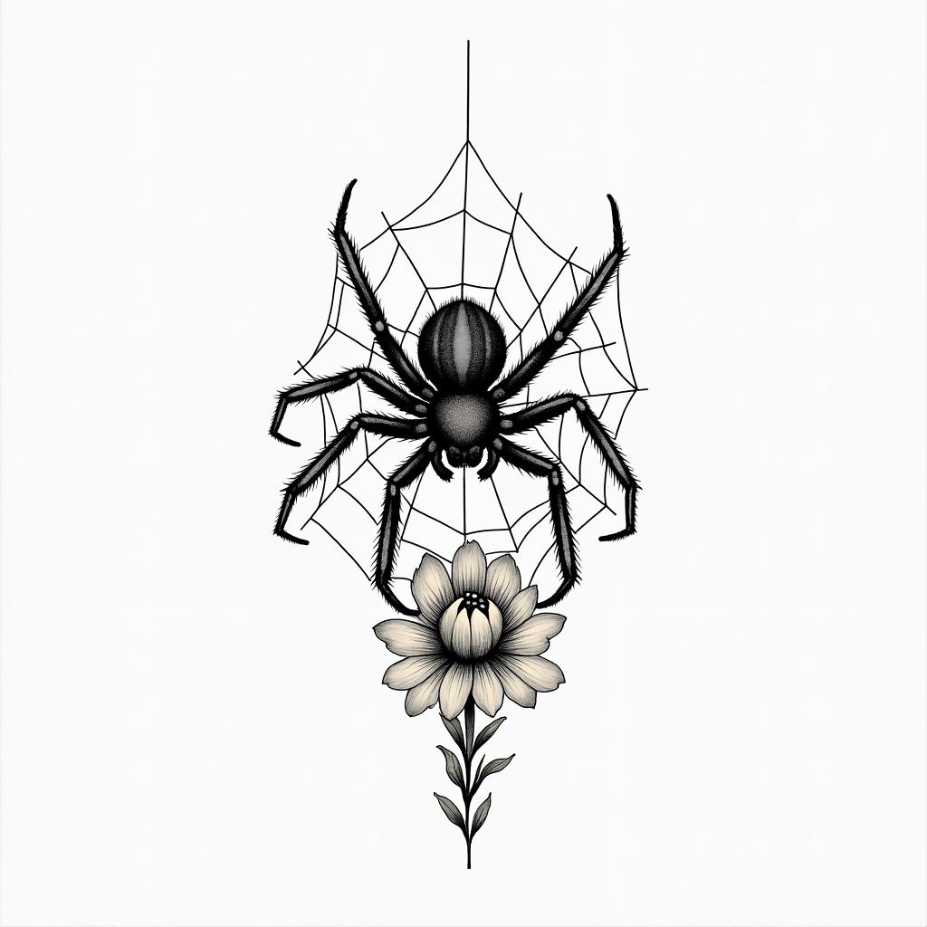 Small spider on web with flowers with stemin portrait tattoo style, featuring a highly realistic and detailed depiction  - Variation 102
