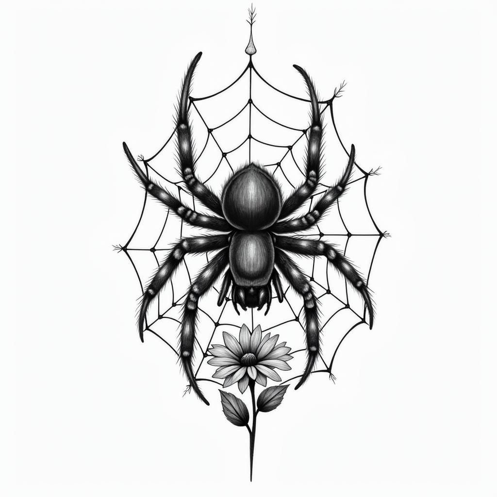 Small spider on web with flowers with stemin portrait tattoo style, featuring a highly realistic and detailed depiction  - Variation 103