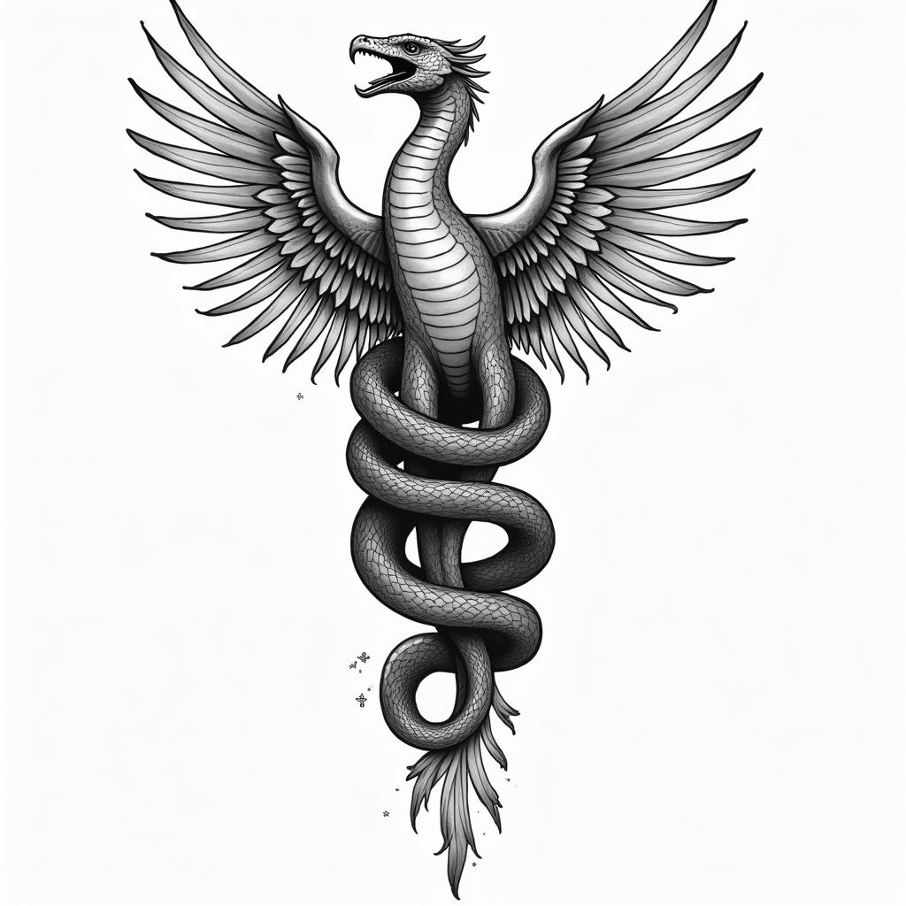 Medical snakes wrapped around phoenixin new school tattoo, pop culture, modern, detailed tattoo, illustrative