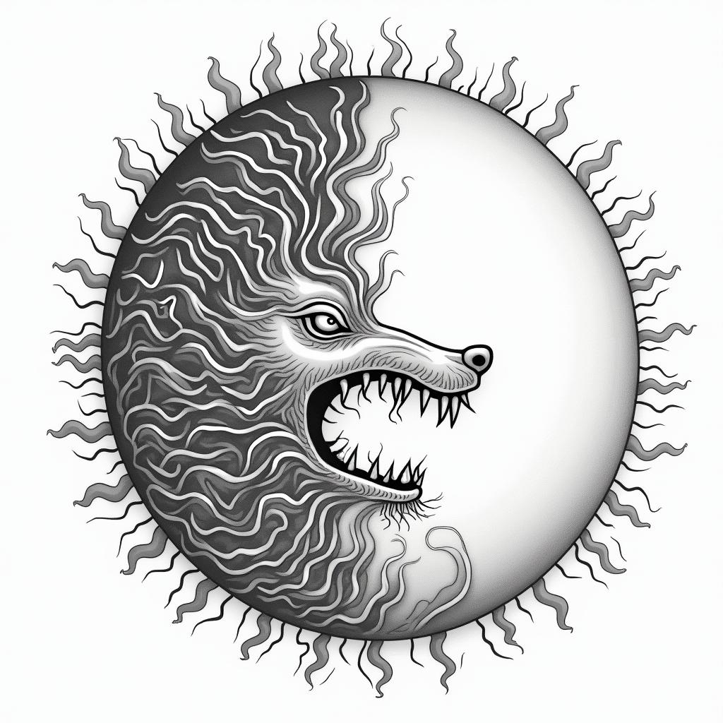 Sun and moon intertwined, shiningin japanese style tattoo, detailed tattoo, traditional japanese culture tattoo, mythology, 8k - Variation 2