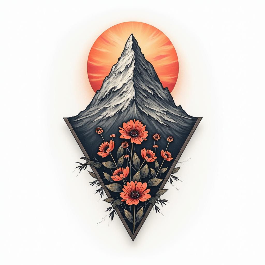 design a bastion mountain tattoo with color, flowers, north south east west, Indian head in mountainhigly detailed tattoo - Variation 6