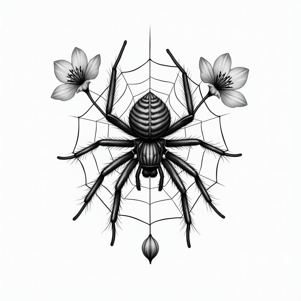 Small spider on web with flowers with stemin portrait tattoo style, featuring a highly realistic and detailed depiction  - Variation 94