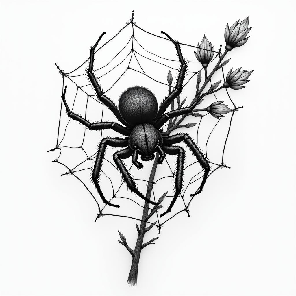 Small spider on web with flowers with stemin portrait tattoo style, featuring a highly realistic and detailed depiction  - Variation 98
