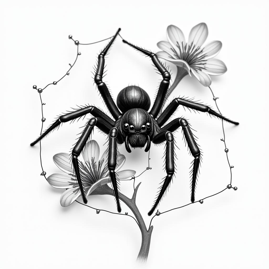 Small spider on web with flowers with stemin portrait tattoo style, featuring a highly realistic and detailed depiction  - Variation 96