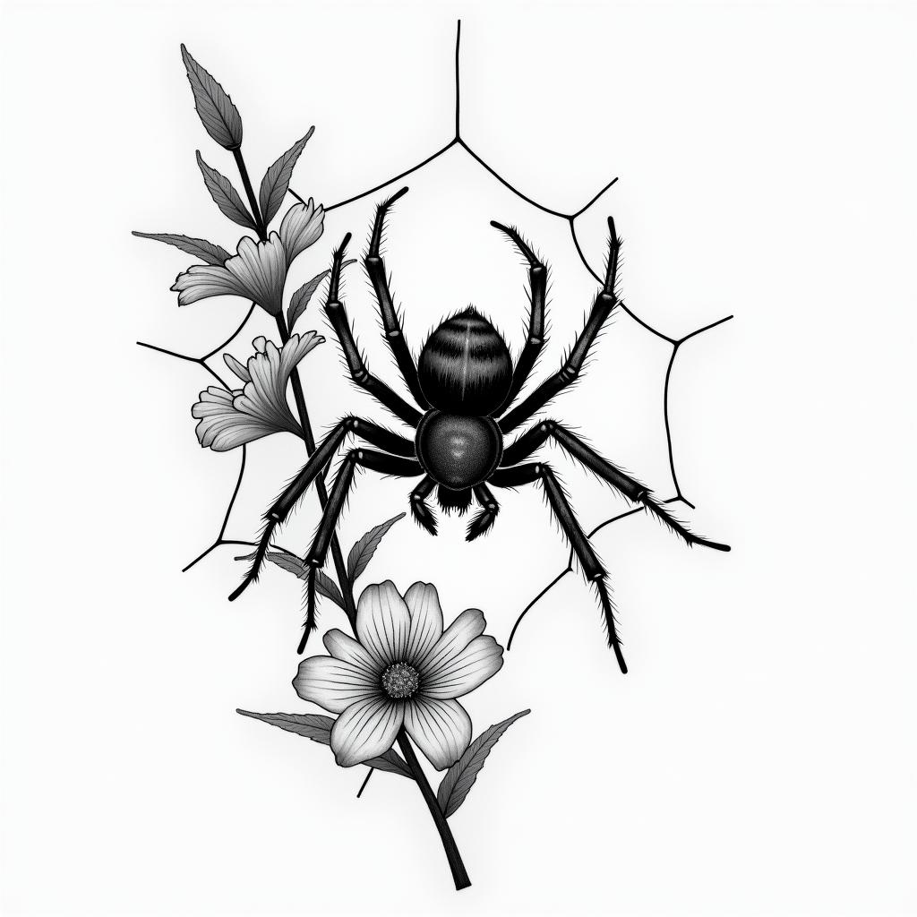Small spider on web with flowers with stemin portrait tattoo style, featuring a highly realistic and detailed depiction  - Variation 95