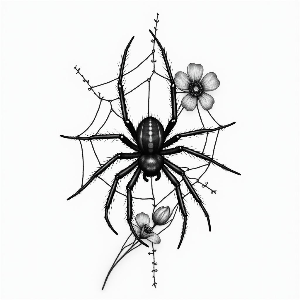 Small spider on web with flowers with stemin portrait tattoo style, featuring a highly realistic and detailed depiction  - Variation 93