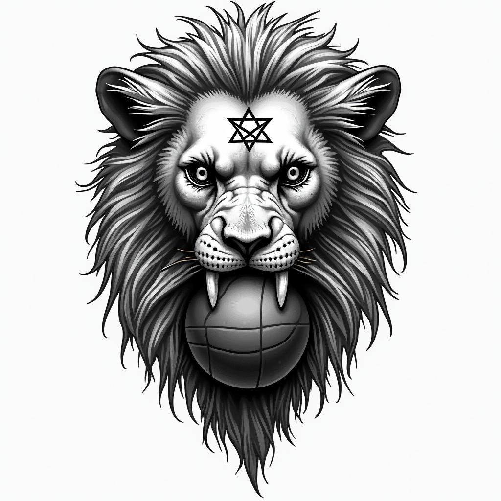 Lion with basketball in his mouth and 3 crossescreepy horror tattoo style, featuring an eerie and unsettling skull of a demonic creature, distorted face with sharp fangs, add pentagram symbol - Variation 2