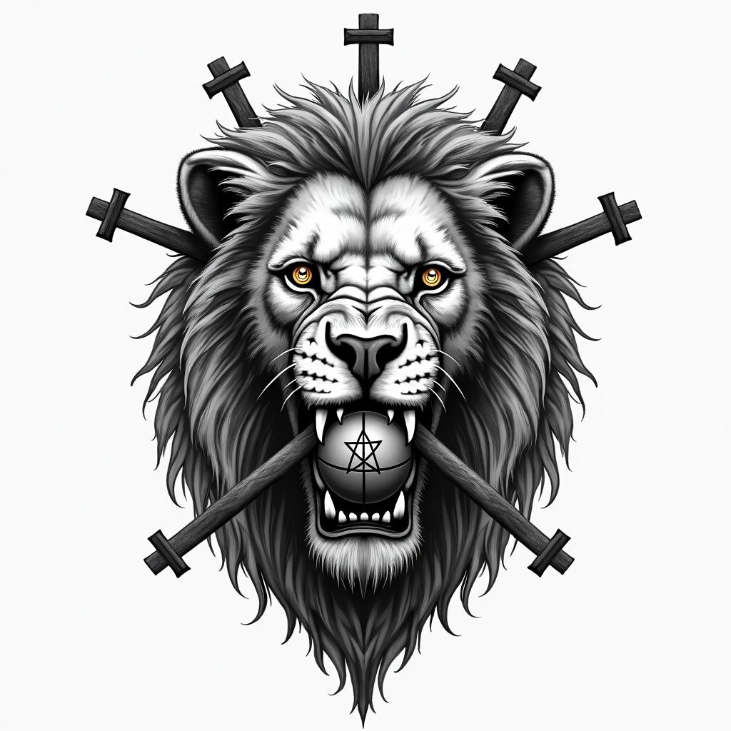Lion with basketball in his mouth and 3 crossescreepy horror tattoo style, featuring an eerie and unsettling skull of a demonic creature, distorted face with sharp fangs, add pentagram symbol - Variation 3