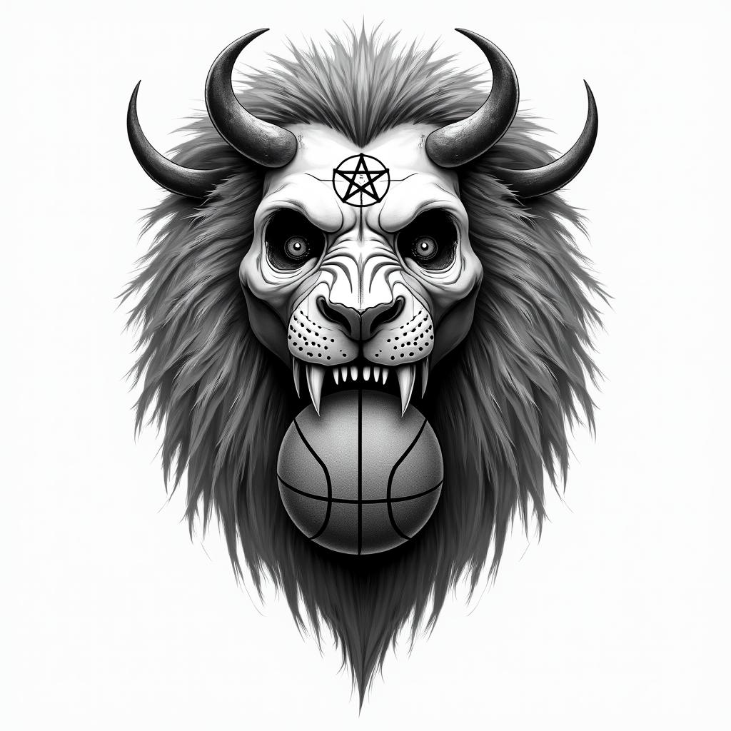Lion with basketball in his mouth and 3 crossescreepy horror tattoo style, featuring an eerie and unsettling skull of a demonic creature, distorted face with sharp fangs, add pentagram symbol - Variation 1