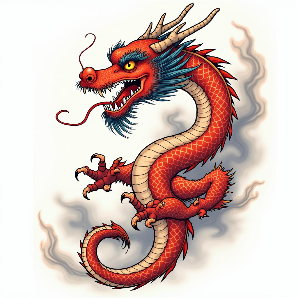 Dragon in japanese style tattoo, detailed tattoo, traditional japanese culture tattoo, mythology, 8k