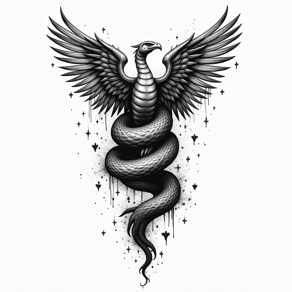 Medical snake 
wrapped around phoenixin graffiti style tattoo, featuring bold and dynamic street art elements, spray-paint texture with exaggerated lines and expressive, chaotic brushstrokes, intricate lettering incorporated with graffiti tags, symbols like hearts, stars, and wings - Variation 4
