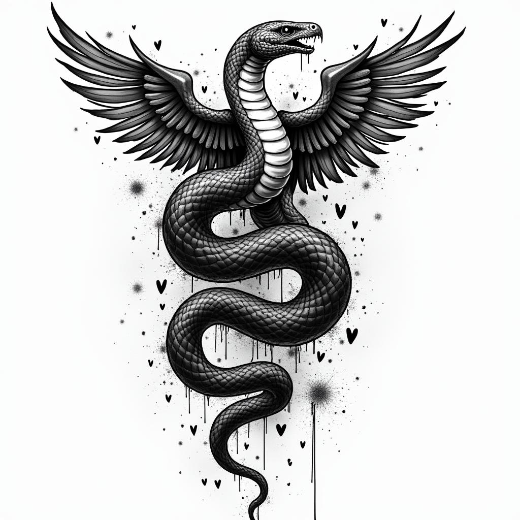 Medical snake 
wrapped around phoenixin graffiti style tattoo, featuring bold and dynamic street art elements, spray-paint texture with exaggerated lines and expressive, chaotic brushstrokes, intricate lettering incorporated with graffiti tags, symbols like hearts, stars, and wings