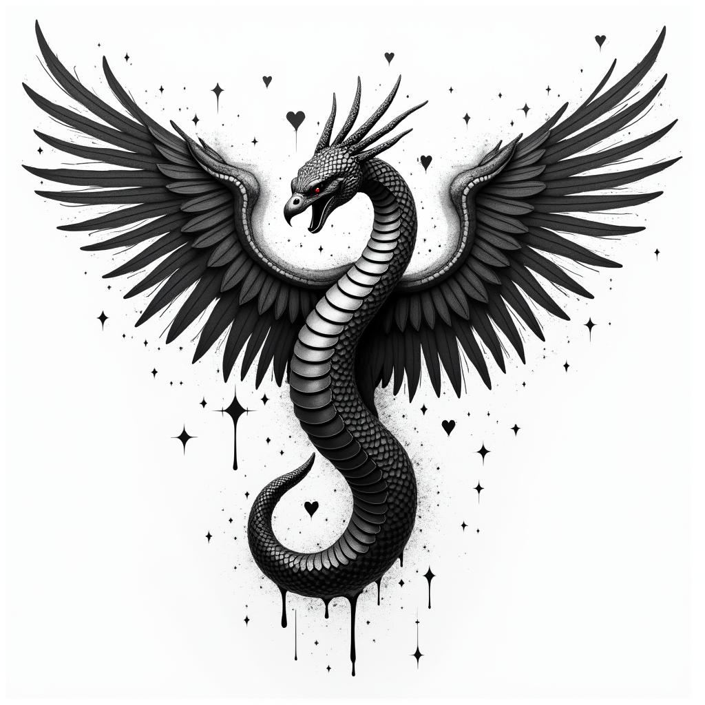 Medical snake 
wrapped around phoenixin graffiti style tattoo, featuring bold and dynamic street art elements, spray-paint texture with exaggerated lines and expressive, chaotic brushstrokes, intricate lettering incorporated with graffiti tags, symbols like hearts, stars, and wings - Variation 3