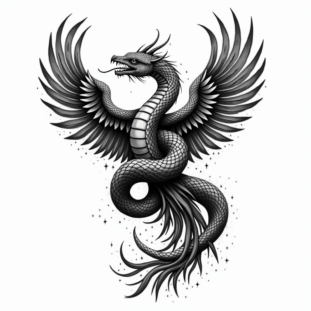 Medical snake 
wrapped around phoenixin graffiti style tattoo, featuring bold and dynamic street art elements, spray-paint texture with exaggerated lines and expressive, chaotic brushstrokes, intricate lettering incorporated with graffiti tags, symbols like hearts, stars, and wings - Variation 2