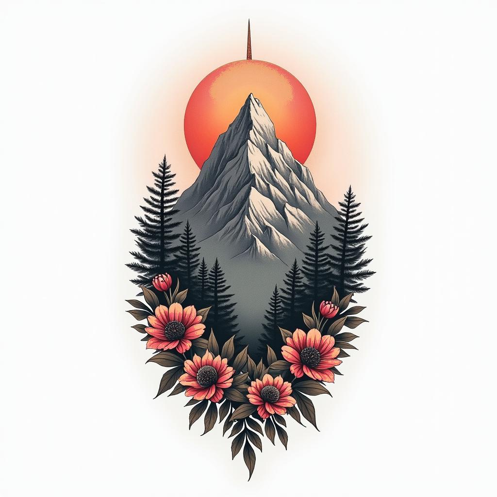 design a bastion mountain tattoo with color, flowers, north south east west, Indian head in mountainhigly detailed tattoo - Variation 3