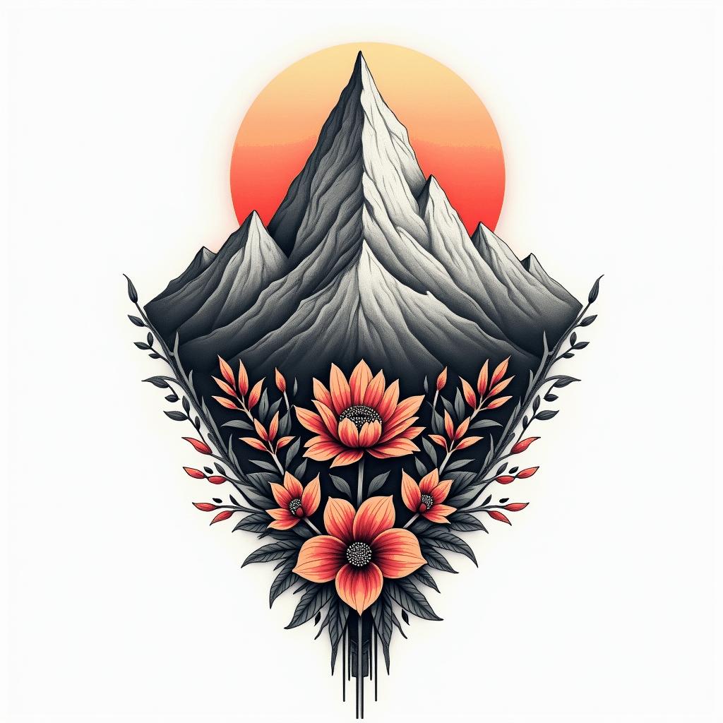 design a bastion mountain tattoo with color, flowers, north south east west, Indian head in mountainhigly detailed tattoo - Variation 1