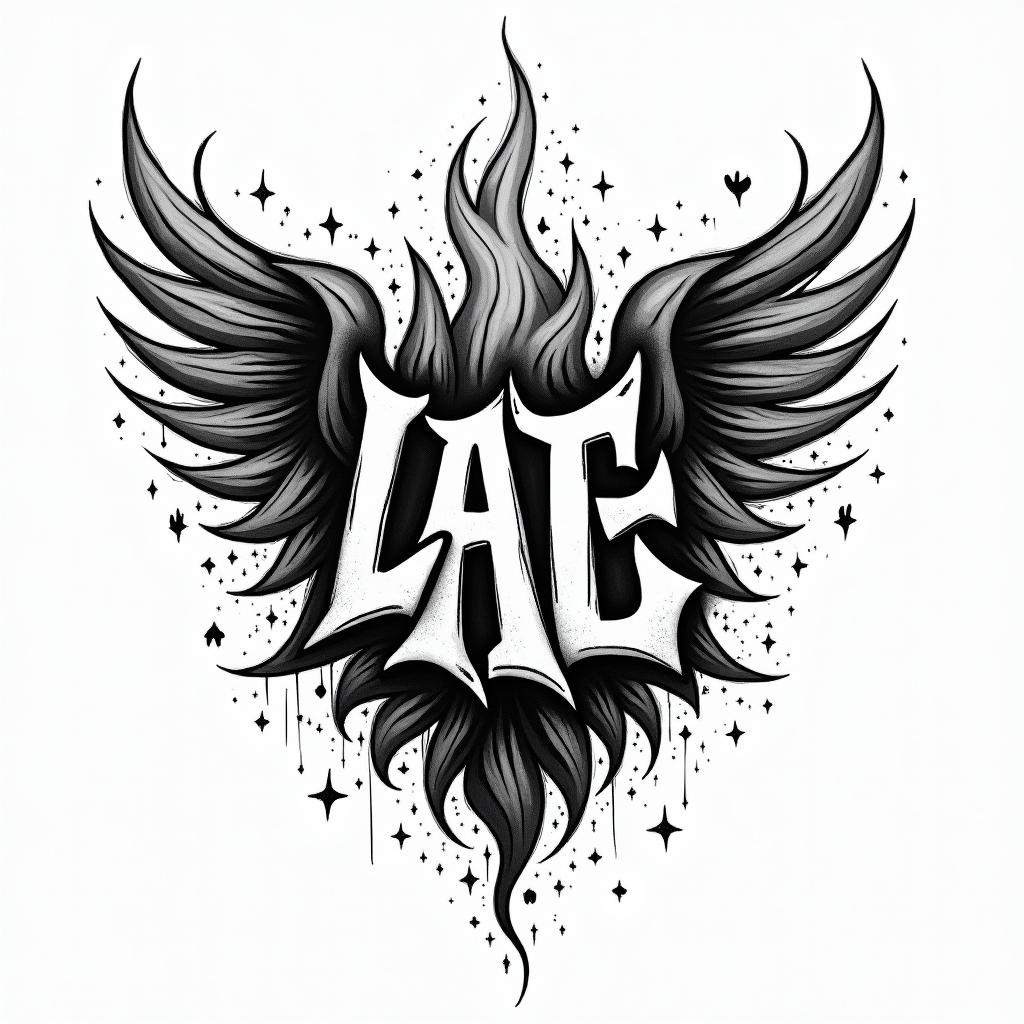 Flame outline backgroundin graffiti style tattoo, featuring bold and dynamic street art elements, spray-paint texture with exaggerated lines and expressive, chaotic brushstrokes, intricate lettering incorporated with graffiti tags, symbols like hearts, stars, and wings - Variation 3