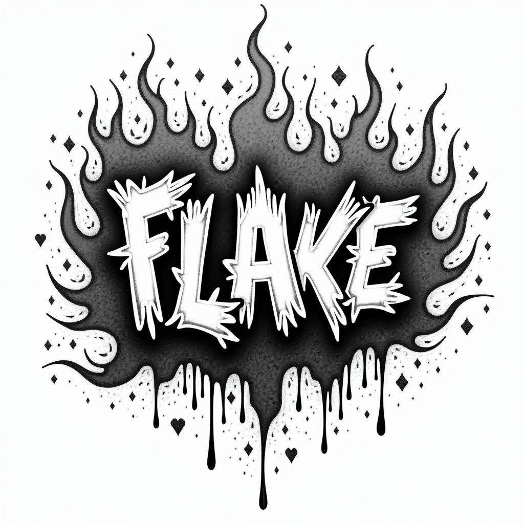 Flame outline backgroundin graffiti style tattoo, featuring bold and dynamic street art elements, spray-paint texture with exaggerated lines and expressive, chaotic brushstrokes, intricate lettering incorporated with graffiti tags, symbols like hearts, stars, and wings - Variation 4