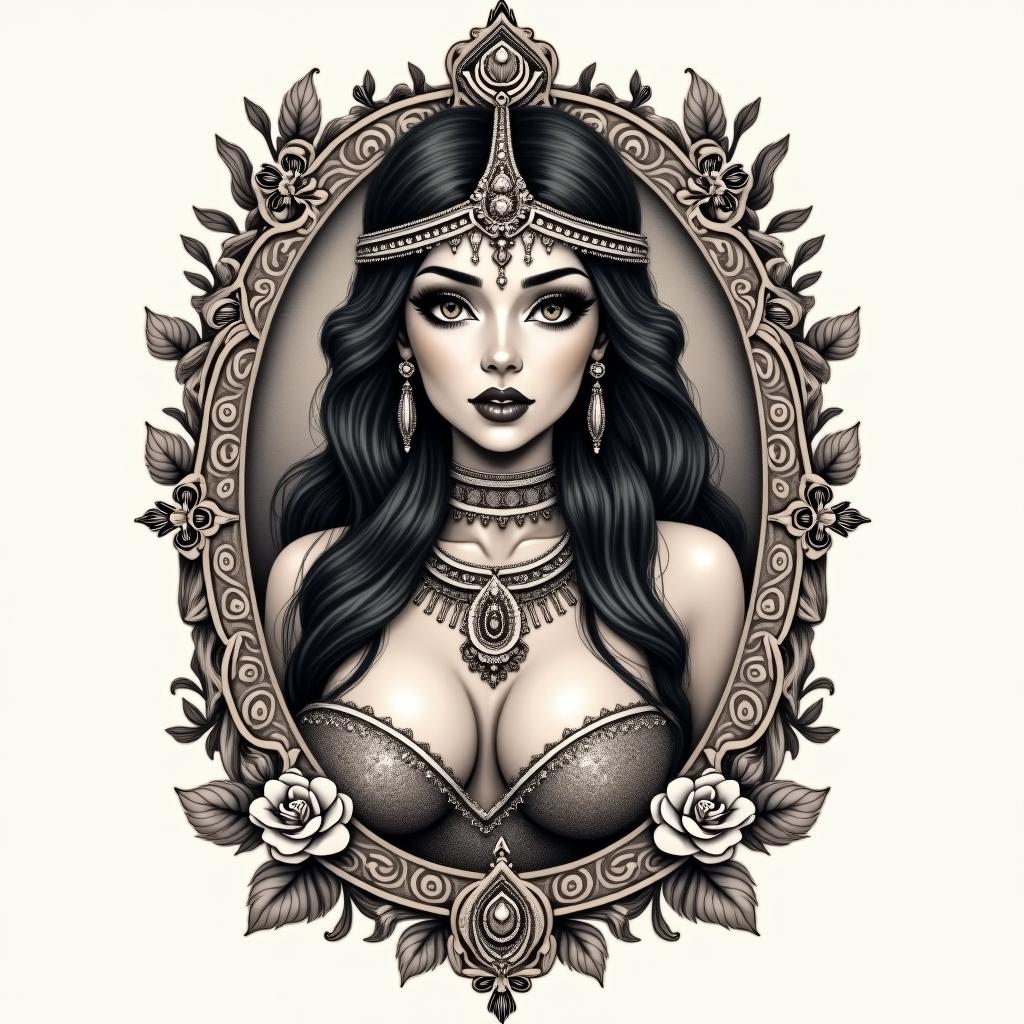 Aztec warrior princess sexyin victorian style tattoo, featuring vintage and elegant elements, ornate frames, roses, antique, sepia-toned color scheme - Variation 1