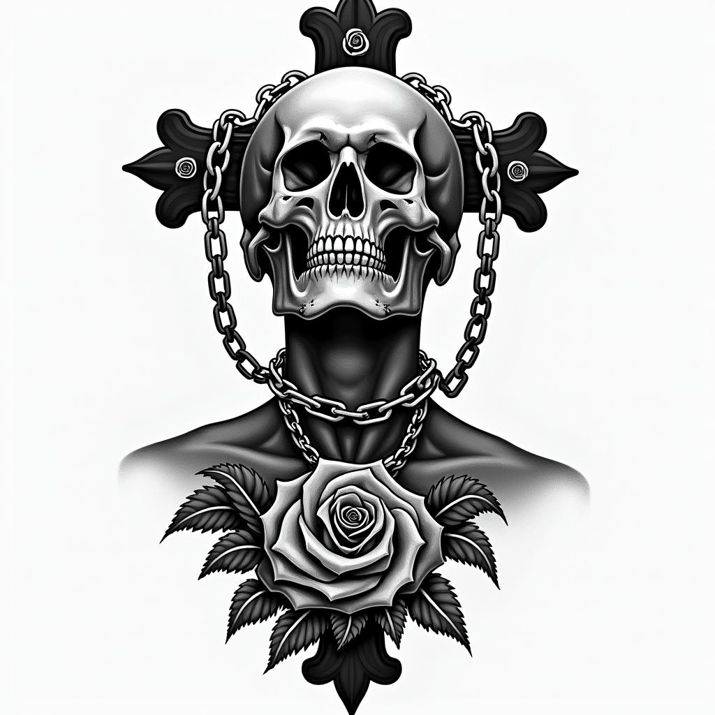 Ramon Ariel, cancer, 19 years old traffickerin chicano style tattoo, featuring intricate black and grey shading, bold elements of traditional chicano culture symbols, add a big cross with skull, chains and roses - Variation 2