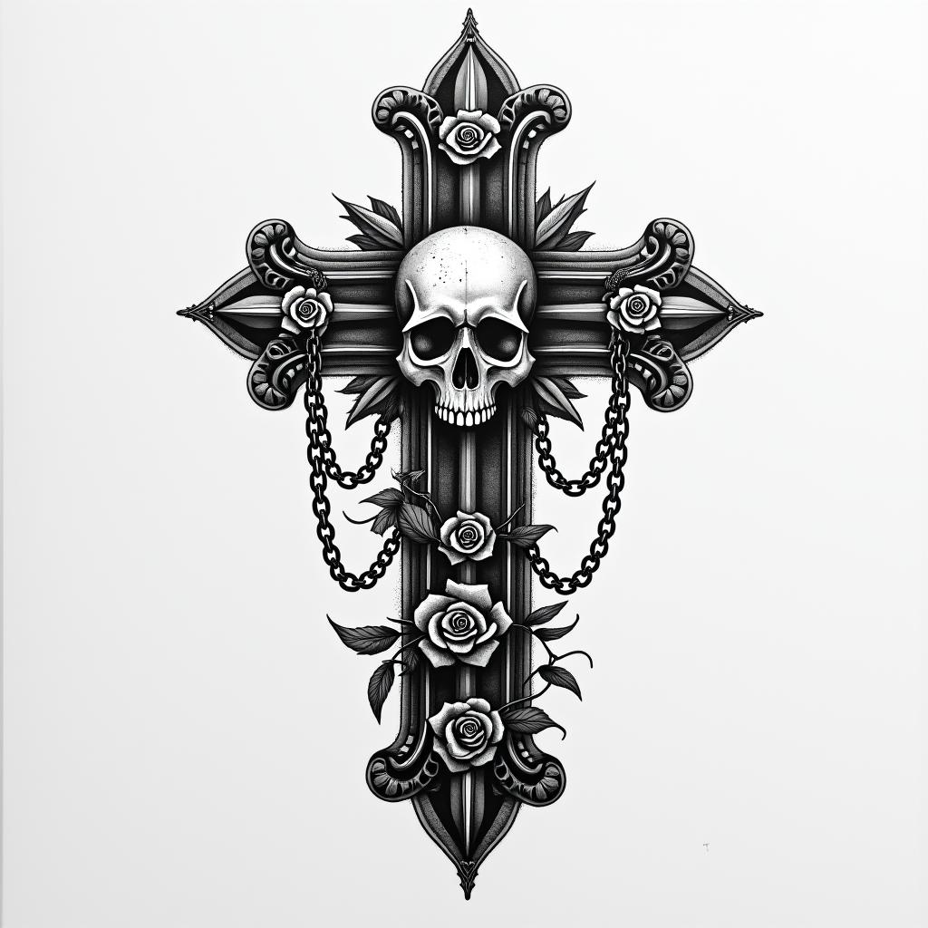 Ramon Ariel, cancer, 19 years old traffickerin chicano style tattoo, featuring intricate black and grey shading, bold elements of traditional chicano culture symbols, add a big cross with skull, chains and roses - Variation 4