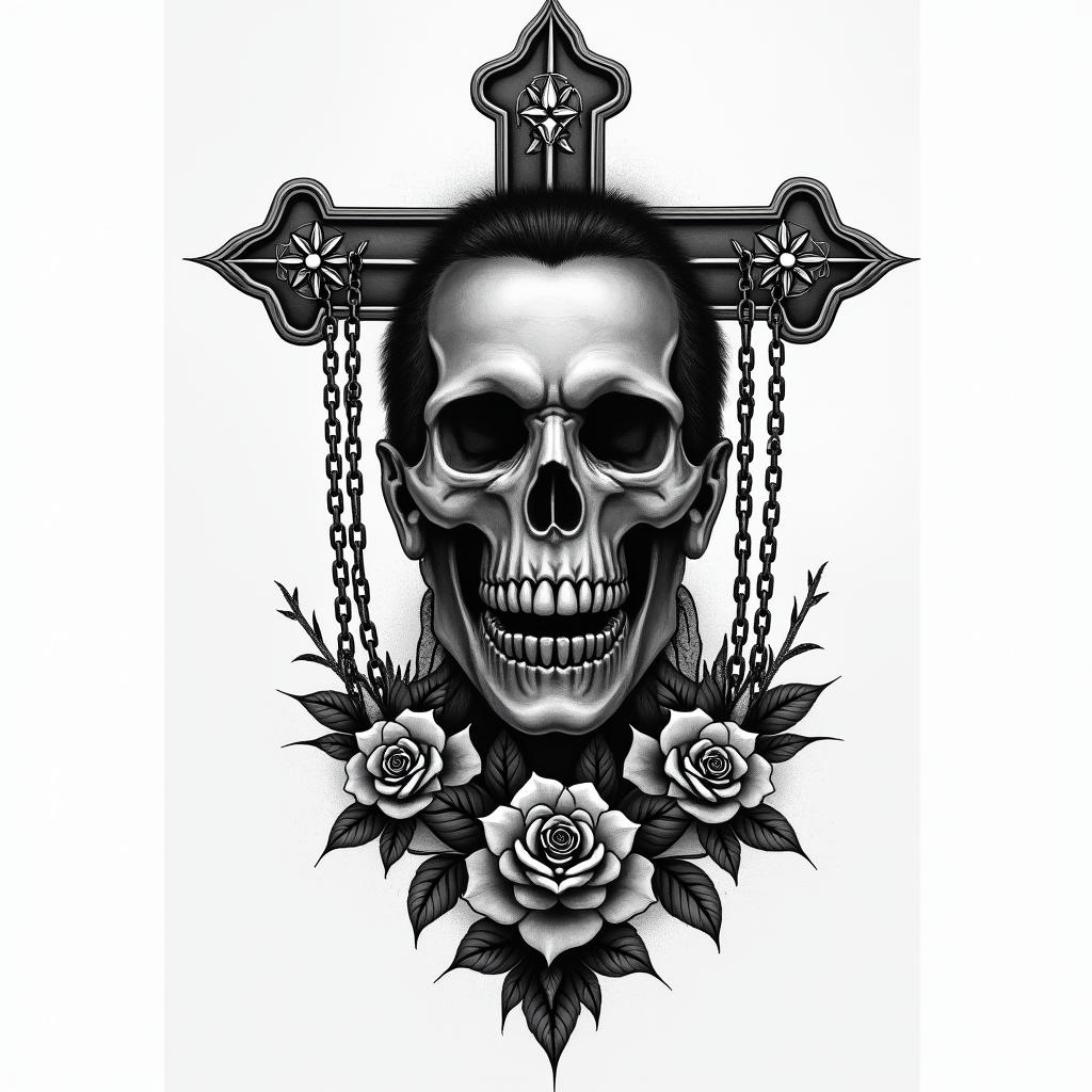 Ramon Ariel, cancer, 19 years old traffickerin chicano style tattoo, featuring intricate black and grey shading, bold elements of traditional chicano culture symbols, add a big cross with skull, chains and roses