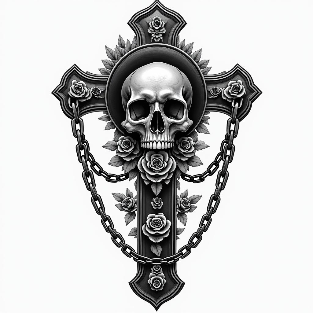 Ramon Ariel, cancer, 19 years old traffickerin chicano style tattoo, featuring intricate black and grey shading, bold elements of traditional chicano culture symbols, add a big cross with skull, chains and roses - Variation 3