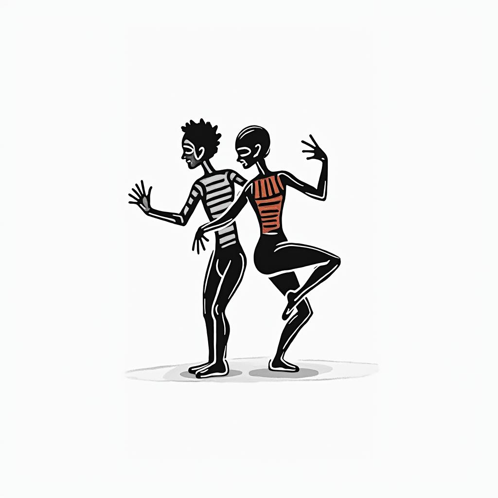 Brian Leo New Yorkabstract dancing figures in Keith Haring style, featuring bold black outlines and solid color fills, figures posed in dynamic and playful dance movements, minimalist design