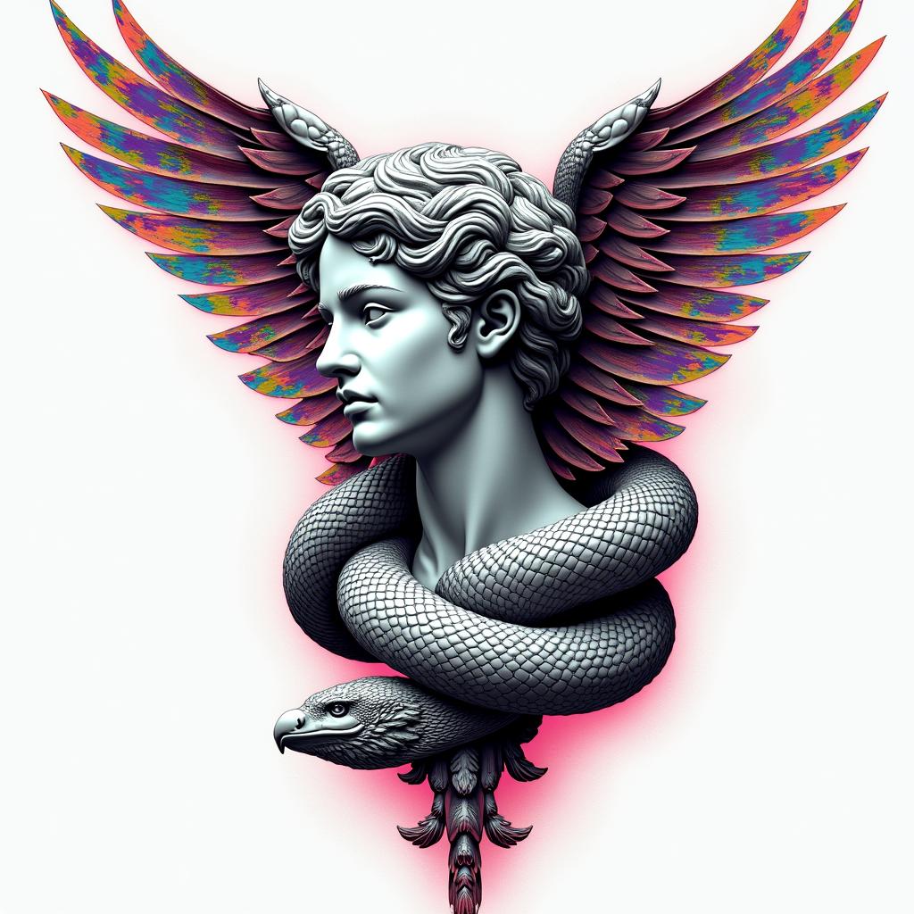 Medical snake 
wrapped around phoenixin distorted and fragmented tattoo design, featuring a classical statue bust, in a glitch art style with vibrant, overlapping colors of cyan, magenta, and yellow, creating a digital distortion effect - Variation 4