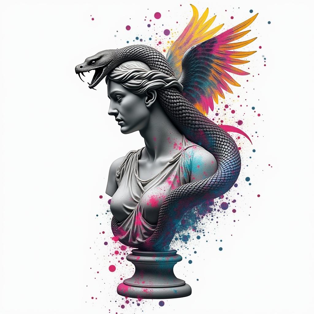 Medical snake 
wrapped around phoenixin distorted and fragmented tattoo design, featuring a classical statue bust, in a glitch art style with vibrant, overlapping colors of cyan, magenta, and yellow, creating a digital distortion effect - Variation 2