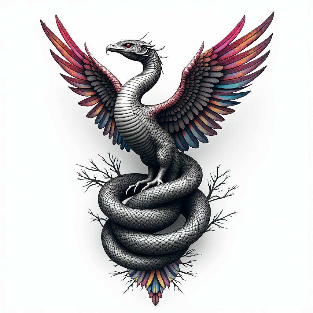 Medical snake 
wrapped around phoenixin distorted and fragmented tattoo design, featuring a classical statue bust, in a glitch art style with vibrant, overlapping colors of cyan, magenta, and yellow, creating a digital distortion effect - Variation 3