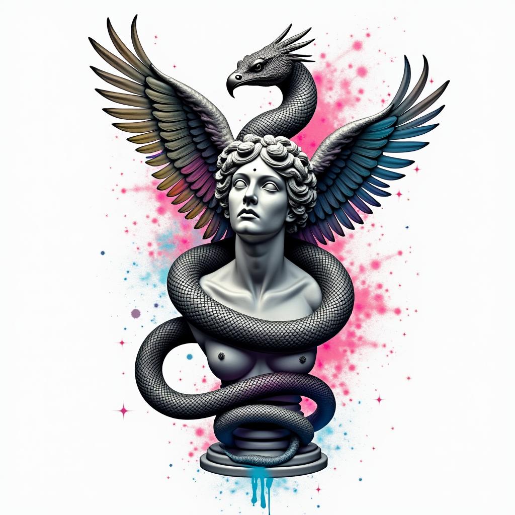 Medical snake 
wrapped around phoenixin distorted and fragmented tattoo design, featuring a classical statue bust, in a glitch art style with vibrant, overlapping colors of cyan, magenta, and yellow, creating a digital distortion effect