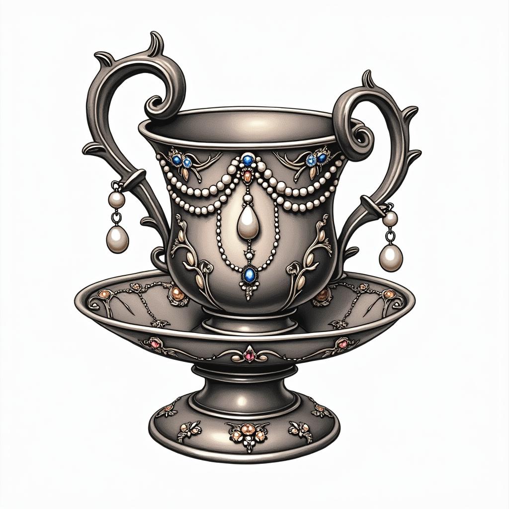 Teacup from the Victorian Renaissance era, heavily draped and adorned in pearls and chains with inlays of jewels and precious gemstones. Lots of colorin new school tattoo, pop culture, modern, detailed tattoo, illustrative