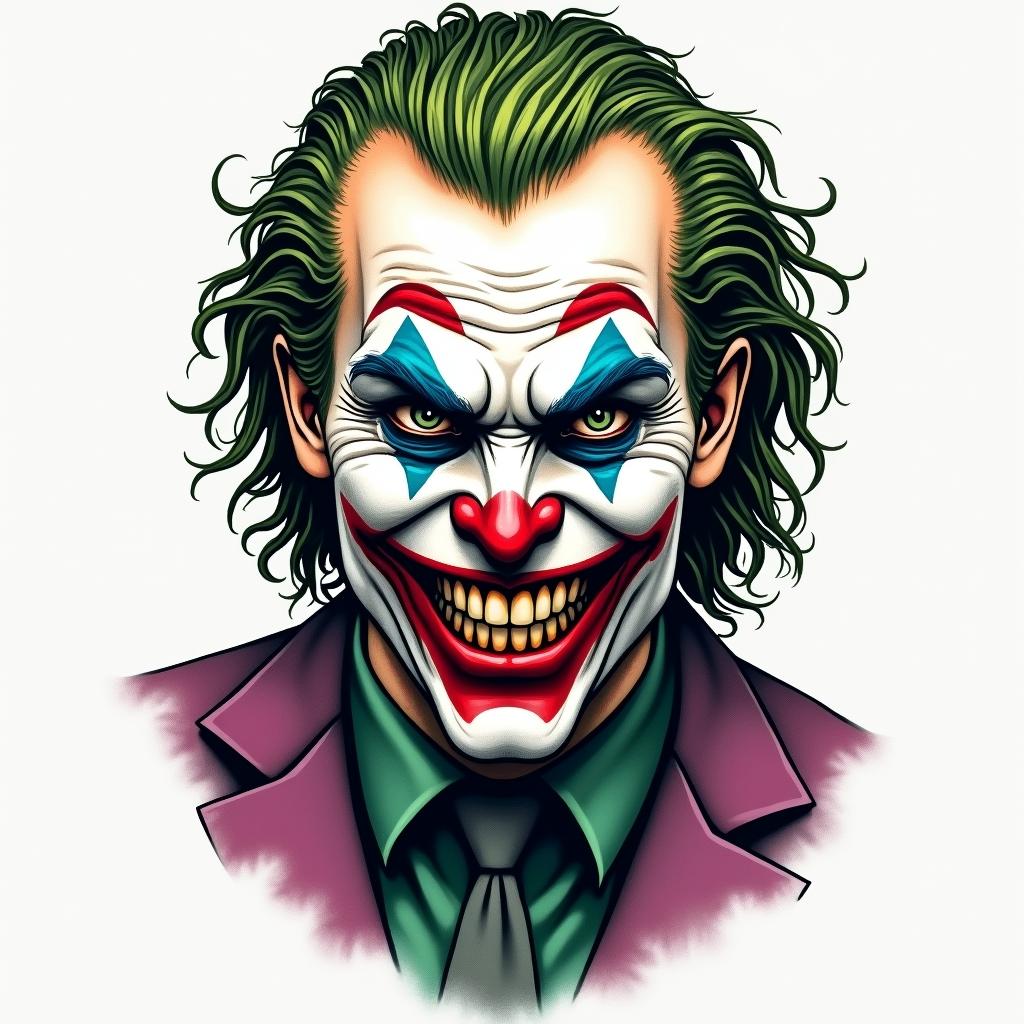 The Joker with a menacing smilein new school tattoo, pop culture, modern, detailed tattoo, illustrative