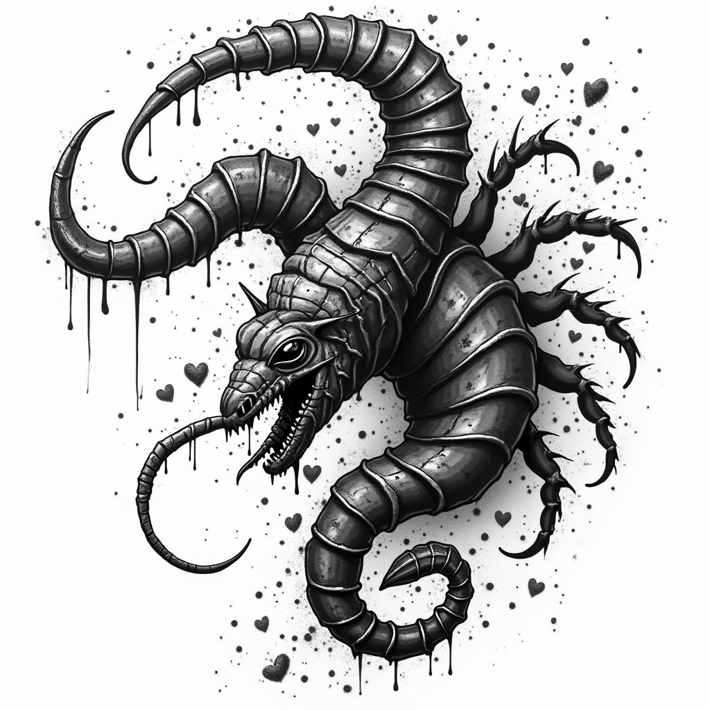 Scorpioin graffiti style tattoo, featuring bold and dynamic street art elements, spray-paint texture with exaggerated lines and expressive, chaotic brushstrokes, intricate lettering incorporated with graffiti tags, symbols like hearts, stars, and wings