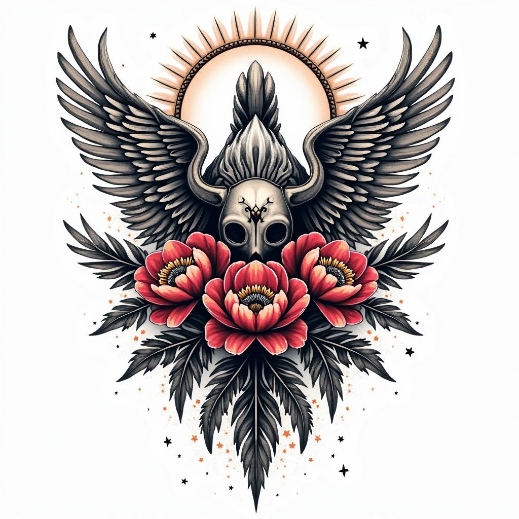 bastion mountain range with Indian head, peony flowers, color, north south east west dreamcatcher with feathersin graffiti style tattoo, featuring bold and dynamic street art elements, spray-paint texture with exaggerated lines and expressive, chaotic brushstrokes, intricate lettering incorporated with graffiti tags, symbols like hearts, stars, and wings - Variation 4