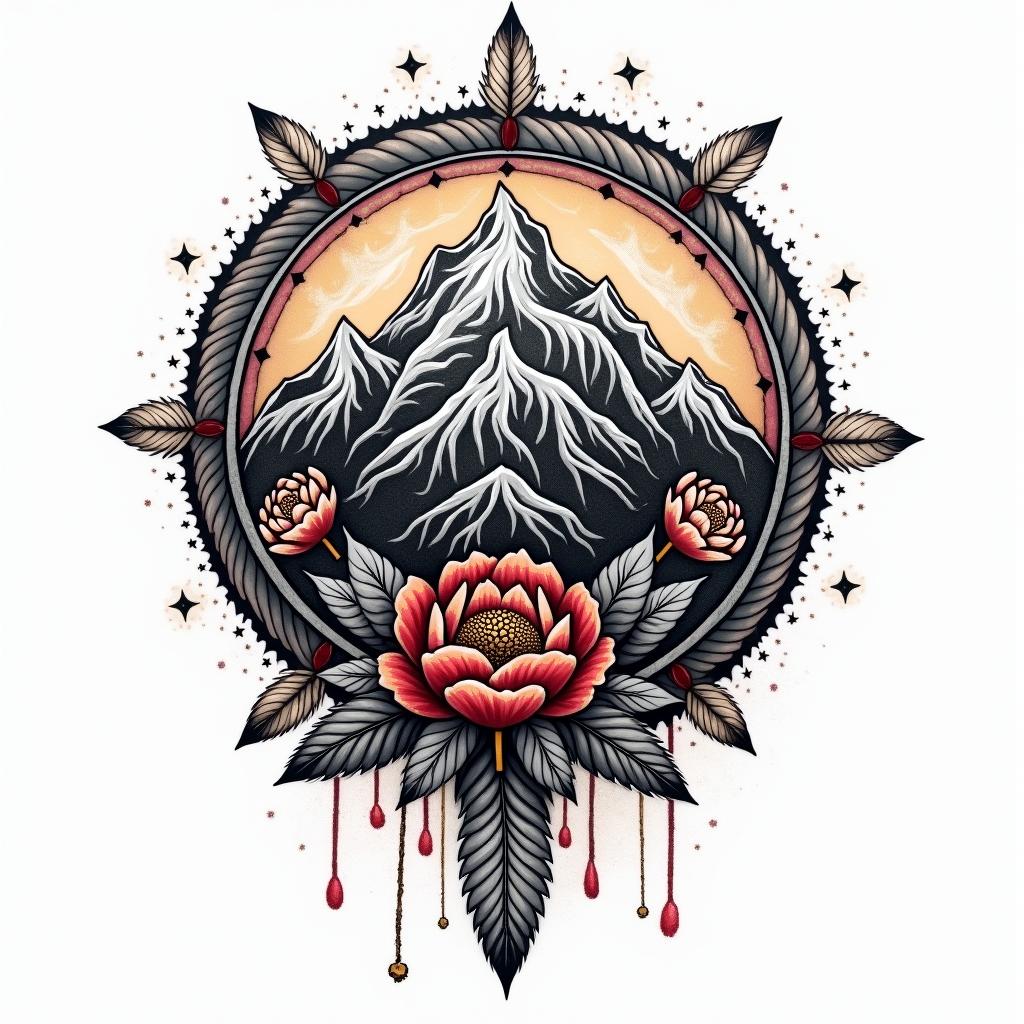 bastion mountain range with Indian head, peony flowers, color, north south east west dreamcatcher with feathersin graffiti style tattoo, featuring bold and dynamic street art elements, spray-paint texture with exaggerated lines and expressive, chaotic brushstrokes, intricate lettering incorporated with graffiti tags, symbols like hearts, stars, and wings - Variation 2