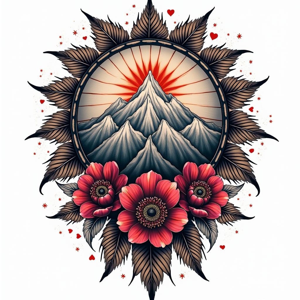 bastion mountain range with Indian head, peony flowers, color, north south east west dreamcatcher with feathersin graffiti style tattoo, featuring bold and dynamic street art elements, spray-paint texture with exaggerated lines and expressive, chaotic brushstrokes, intricate lettering incorporated with graffiti tags, symbols like hearts, stars, and wings