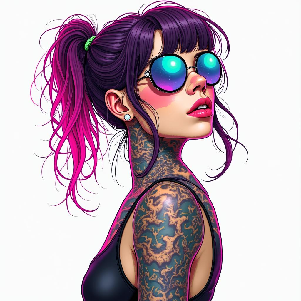 Futuristic cyberpunk girl with neon accentsin new school tattoo, pop culture, modern, detailed tattoo, illustrative - Variation 3