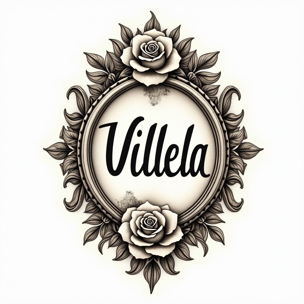 Villela scriptin victorian style tattoo, featuring vintage and elegant elements, ornate frames, roses, antique, sepia-toned color scheme - Variation 2
