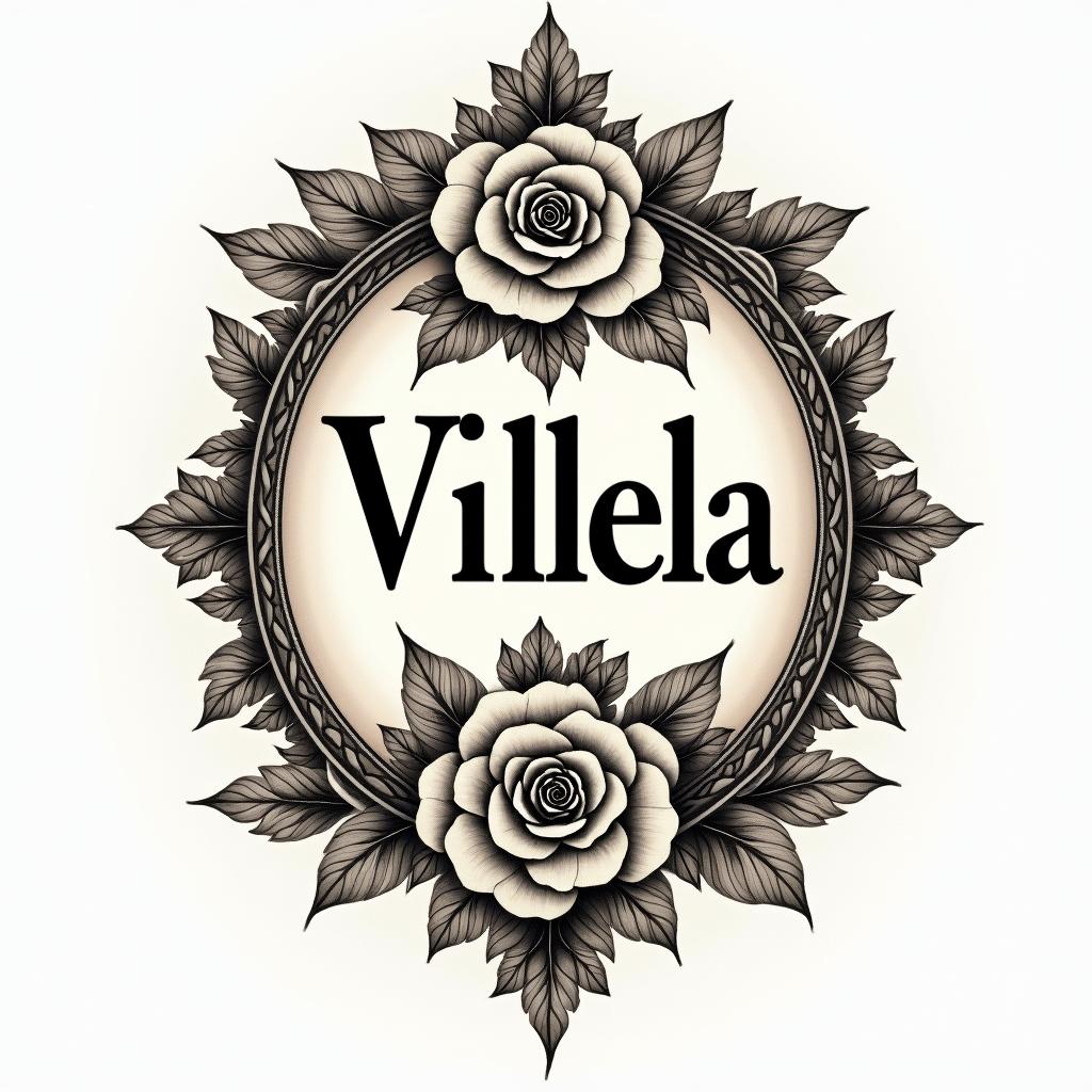 Villela scriptin victorian style tattoo, featuring vintage and elegant elements, ornate frames, roses, antique, sepia-toned color scheme - Variation 1