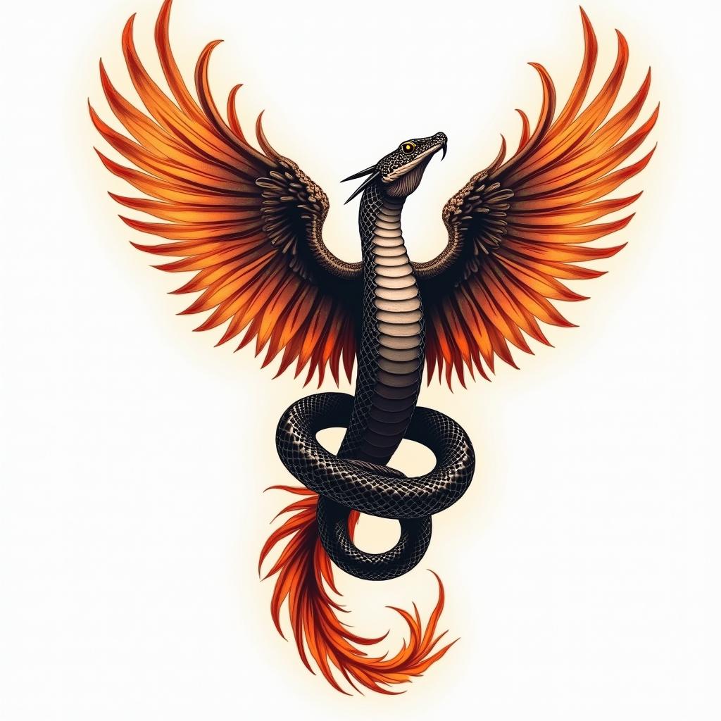 Medical snake 
wrapped around phoenixin flame tattoo style showcasing fiery elements with dynamic flame patterns, glowing effect of flames, natural colors