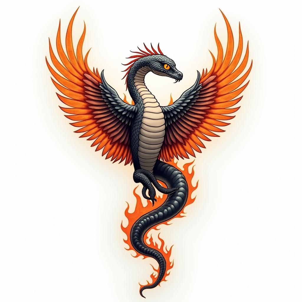 Medical snake 
wrapped around phoenixin flame tattoo style showcasing fiery elements with dynamic flame patterns, glowing effect of flames, natural colors - Variation 4
