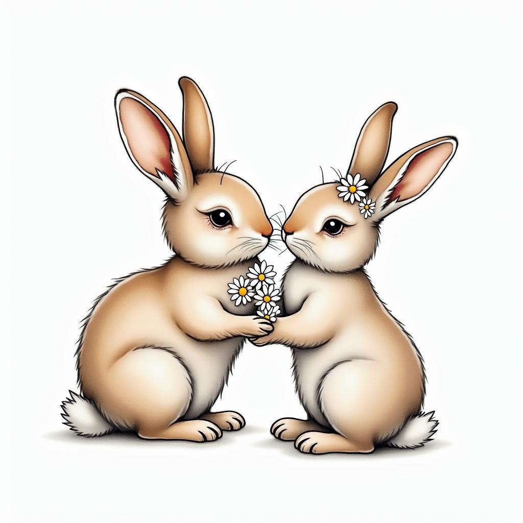 a watercolor tattoo of a mom rabbit and a daughter rabbit, with the mom gently placing daisy flowers on the daughter's head. The rabbits are depicted in light brown or light grey, both having long eyelashes, surrounded by delicate floral elements.higly detailed tattoo - Variation 6