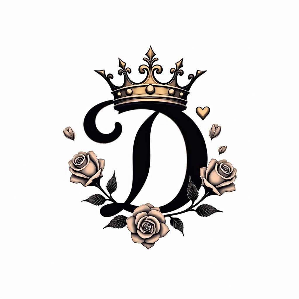 Initial D with a king crown and two rosesin elegant cursive calligraphy style 2d tattoo, decorate with roses, featuring a smooth and flowing handwritten script with slightly thickened strokes for a luxurious and bold appearance,  heart symbol between names,  sleek and glossy black text with shadowing, minimalist matte white background, clean and sharp edges, illuminated with soft lighting, romantic, 8k, high-quality textures with refined typography