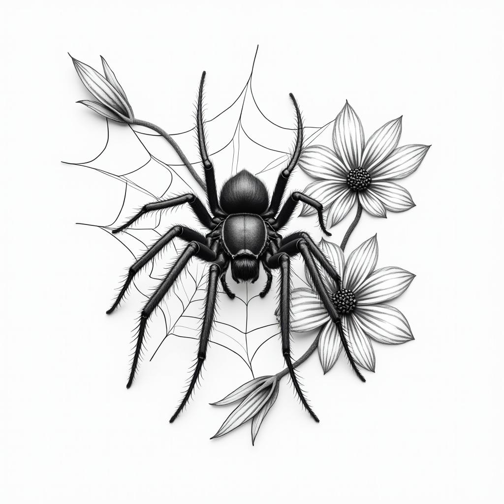 Small spider on web with flowers with stemin portrait tattoo style, featuring a highly realistic and detailed depiction  - Variation 90